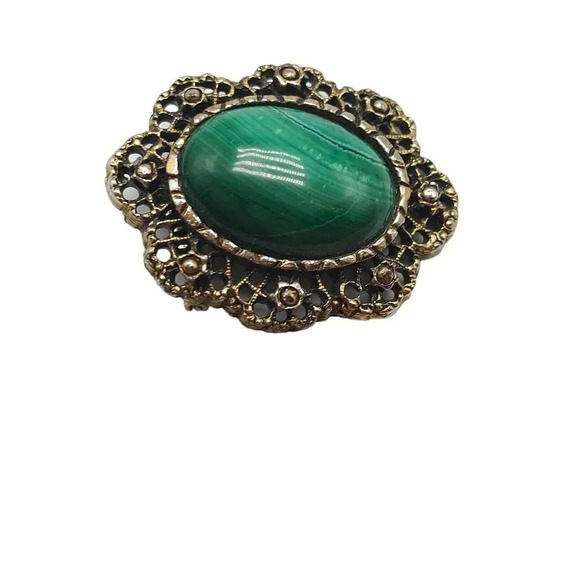 Green Malachite Stone Oval Filigree Brooch Pin Gold Tone Vintage - Picture 4 of 4